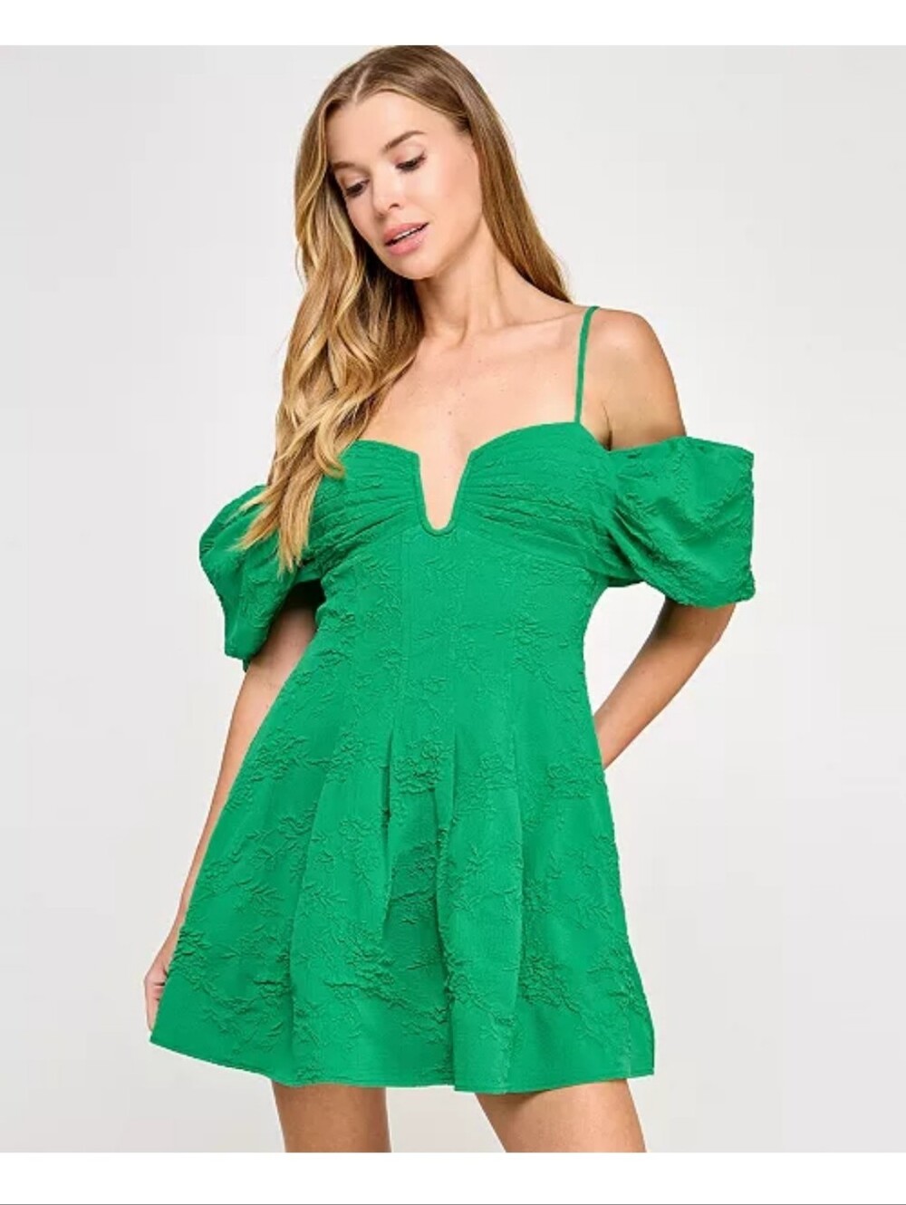NWT City Studio Emerald Green Puff Sleeve Jacquard Mini Dress Small $129 Party